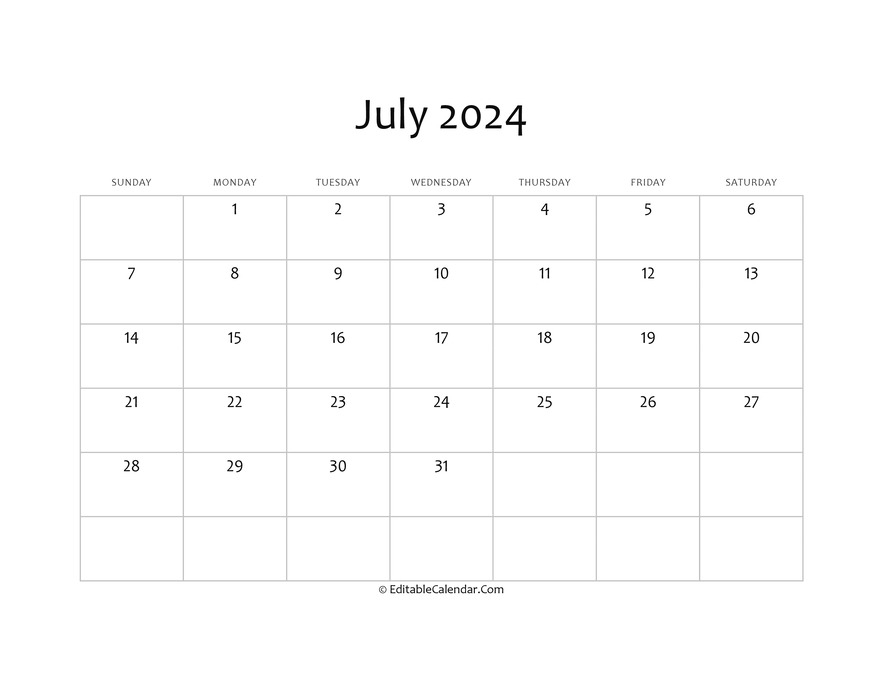 Blank July 2024 Calendar Printable Pdf Tani Zsazsa