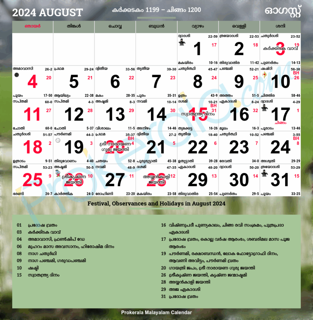 Calendar 2025 August Malayalam Mariam J Wakehurst