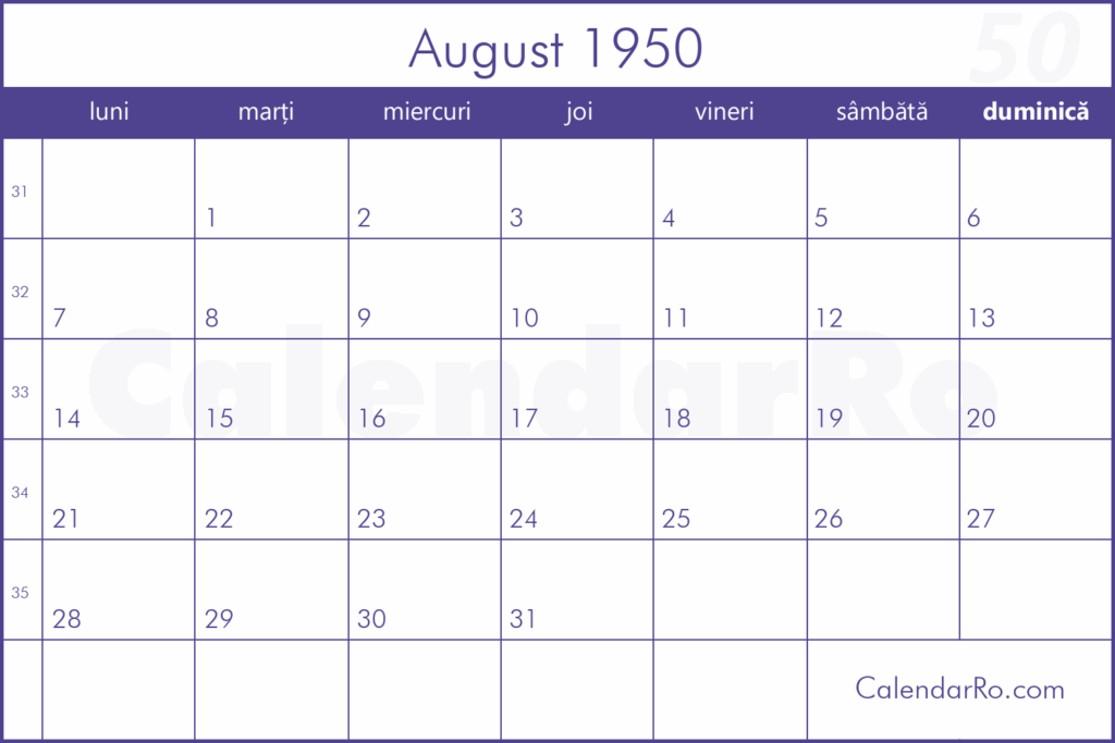 Calendar August 1950
