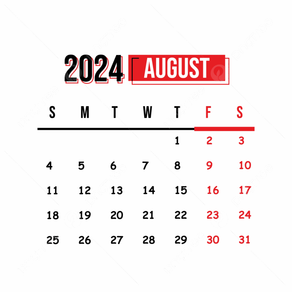 Calendar August 2024 Transparent Background Vector August 2024 August 
