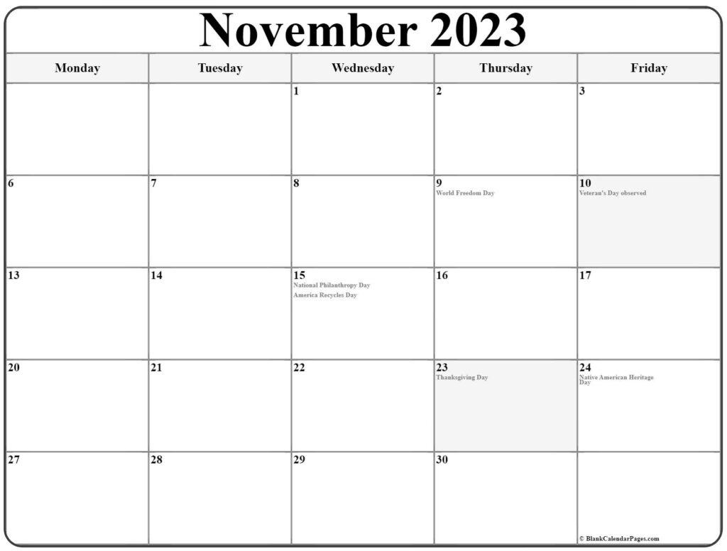 Calendar For November 2023 With Holidays