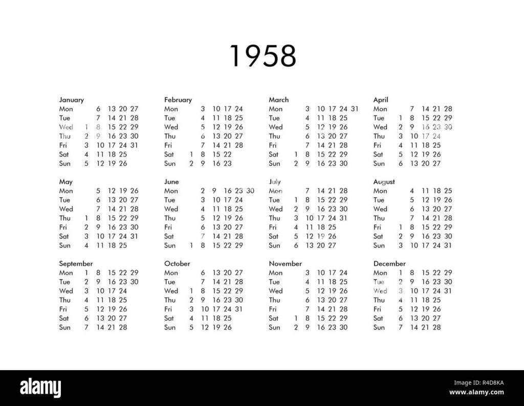 Calendar Of Year 1958 Stock Photo Alamy