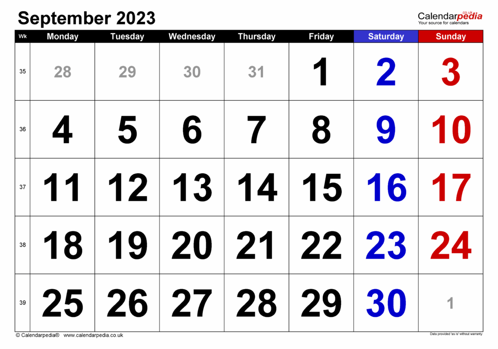 Calendar September 2023 UK With PDF Excel And Word Templates