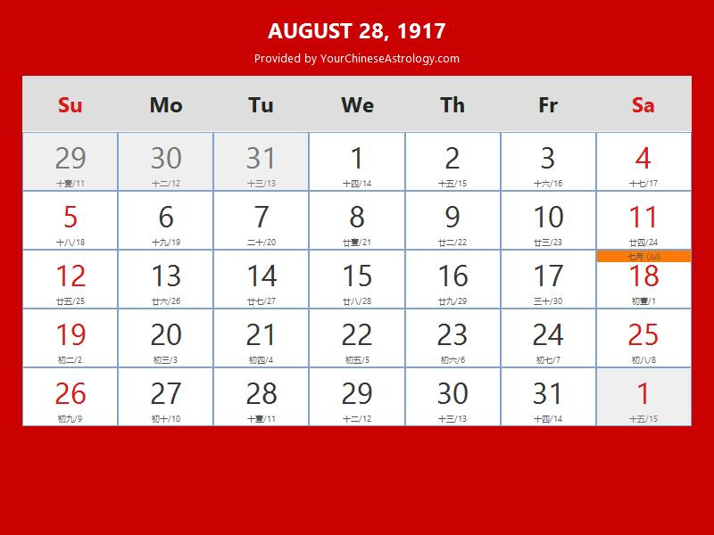 Chinese Calendar Aug 28 1917 Auspicious Things To Do And Hours Bazi