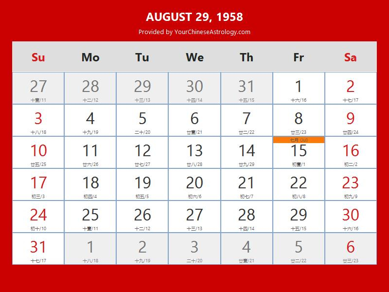 Chinese Calendar Aug 29 1958 Auspicious Things To Do And Hours Bazi