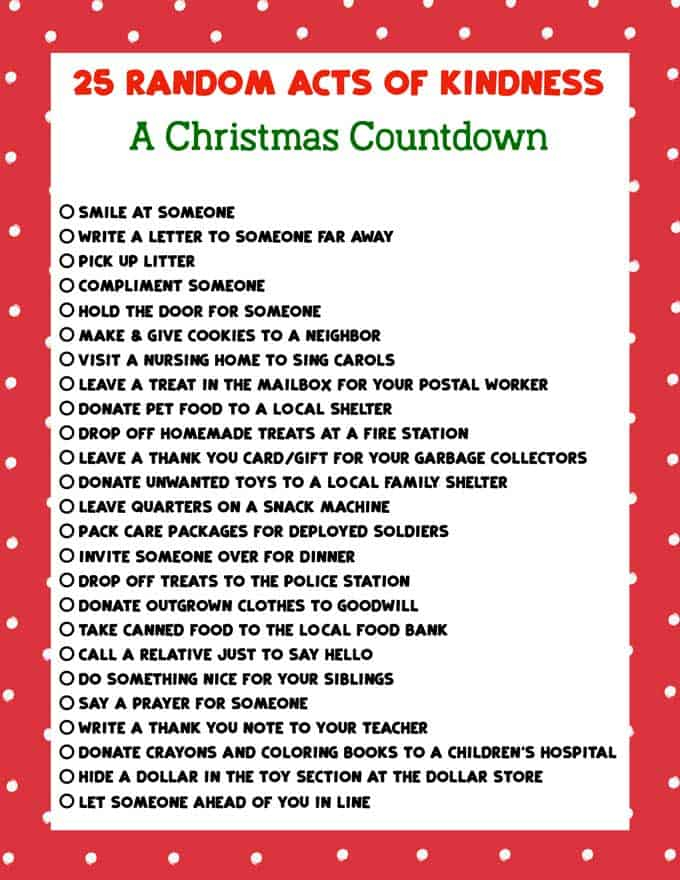 Christmas Random Acts Of Kindness Printable List Of Good Deeds