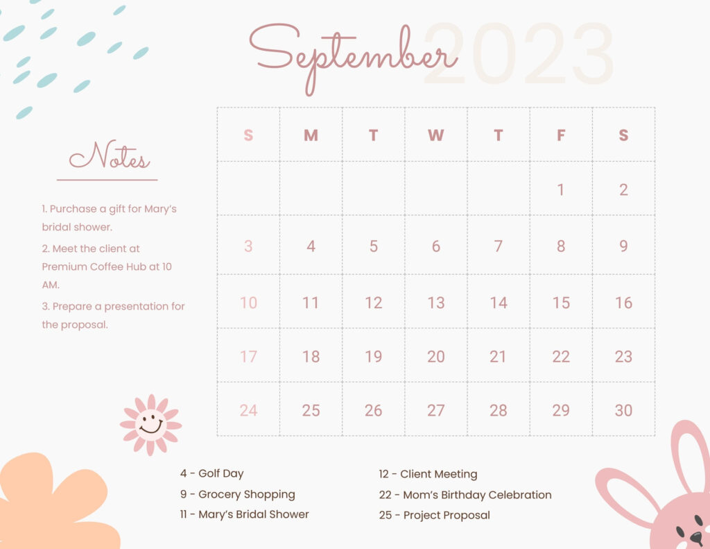 Cute Calendar 2022 Printable September