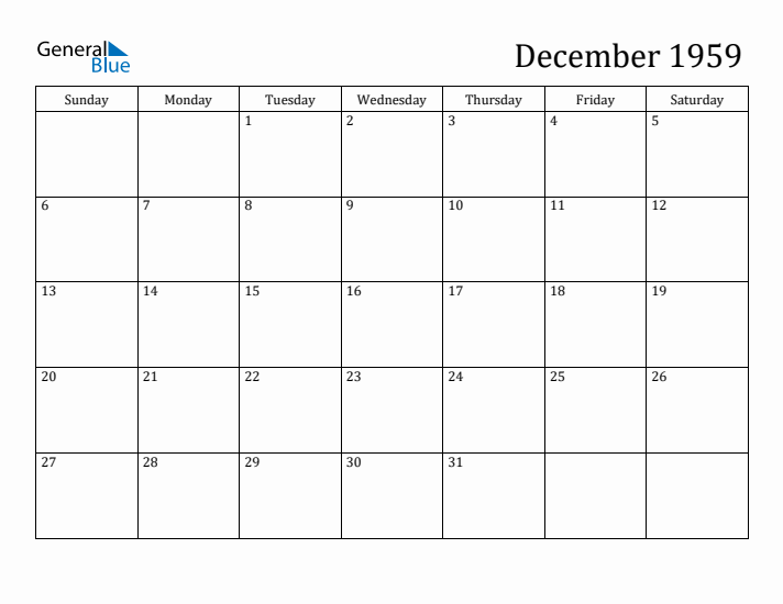 December 1959 Monthly Calendar PDF Word Excel 