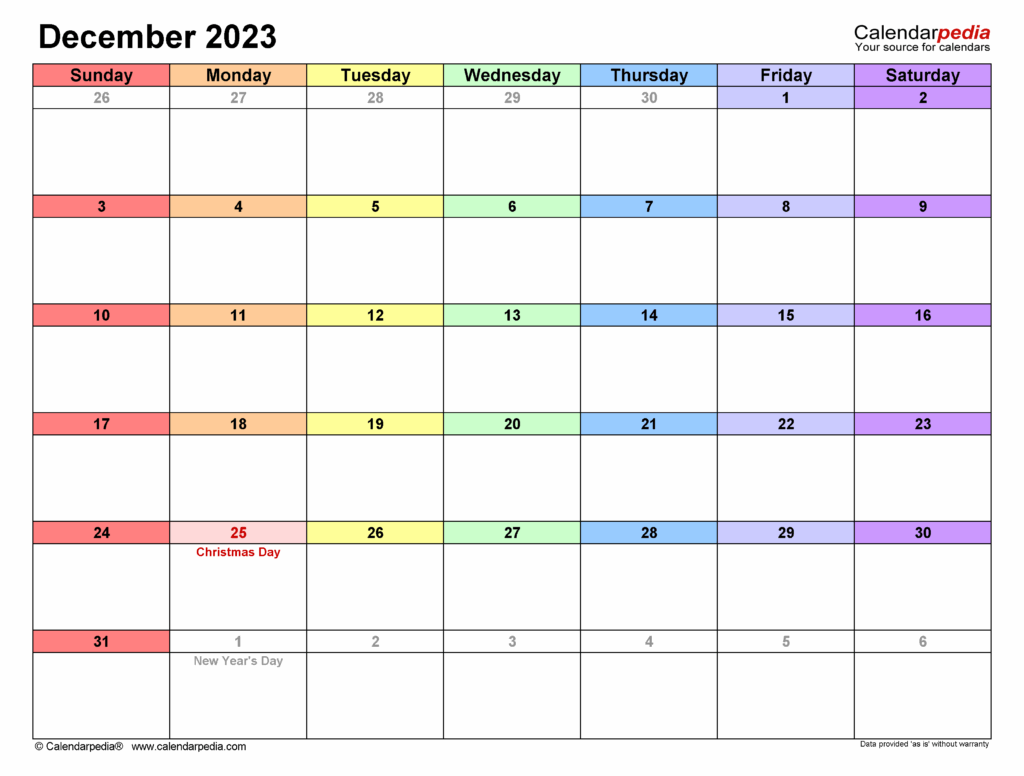 December 2023 Calendar Templates For PDF Excel And Word