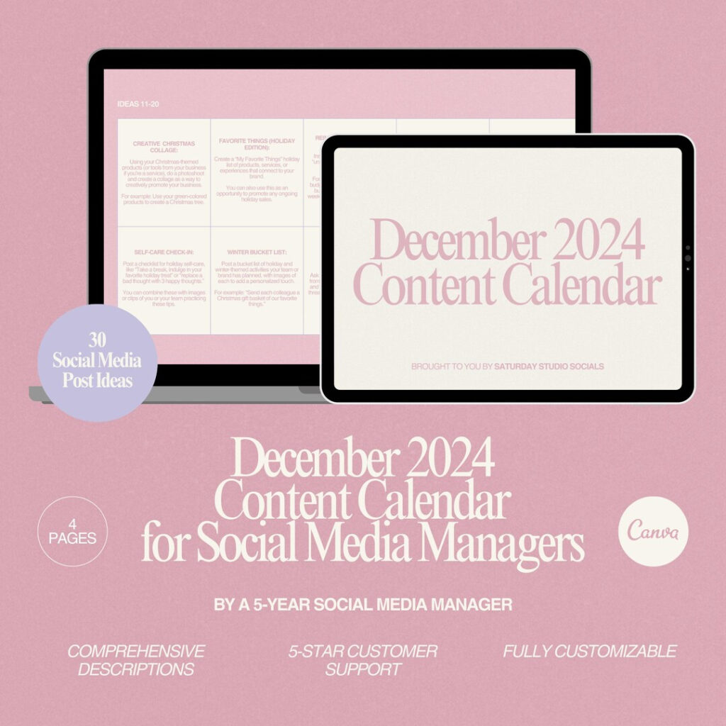 December 2024 Content Calendar For Social Media Manager Holiday Content 
