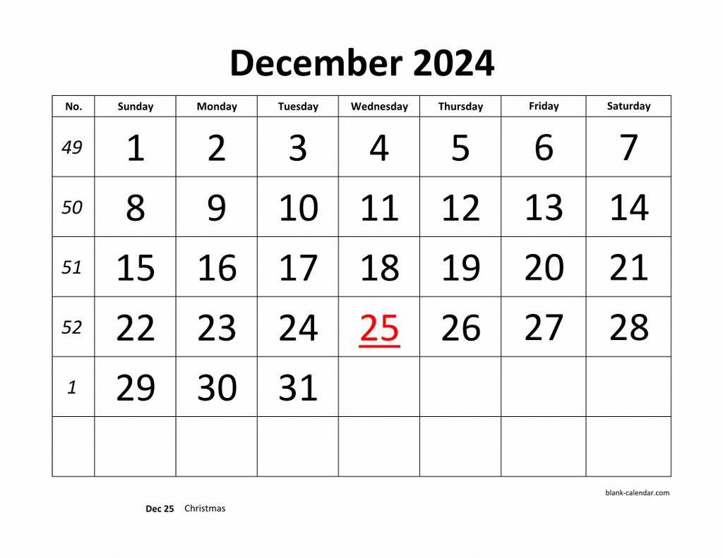 December 2025 Calendar Large Print Jeremy Spencer