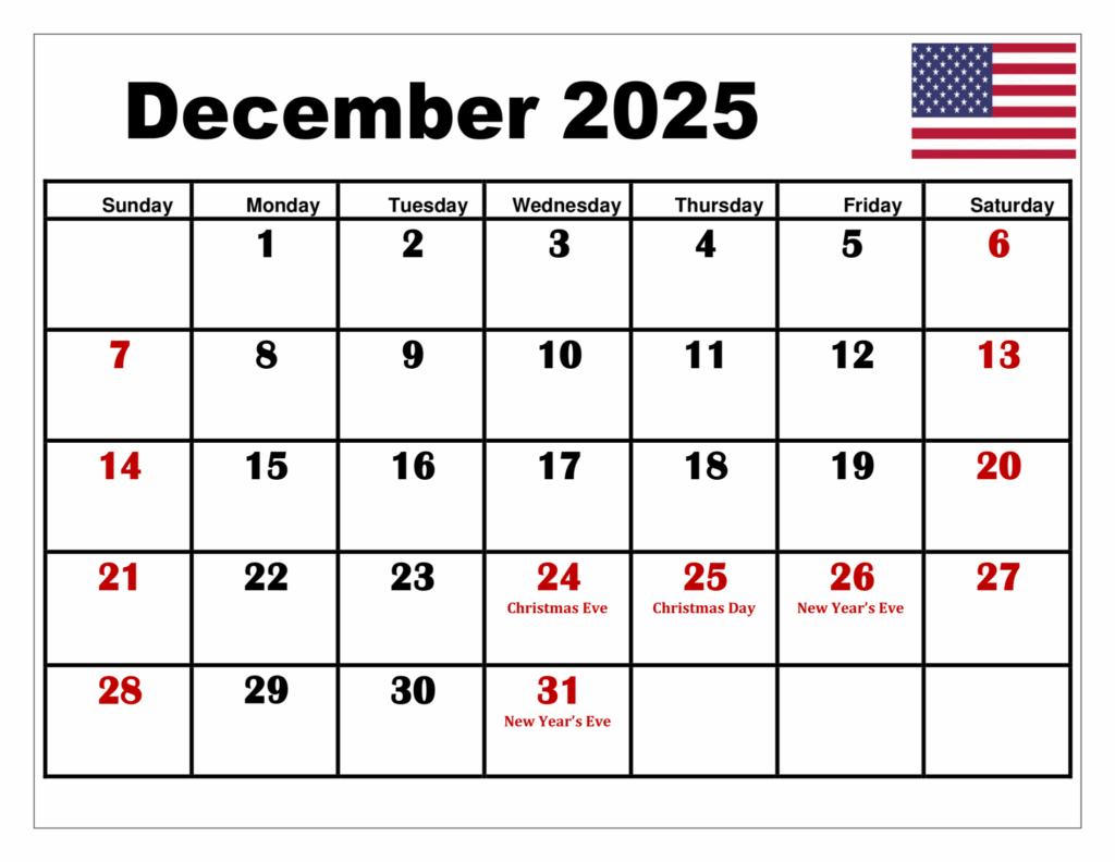 December 2025 Calendar Printable PDF Template With Holidays