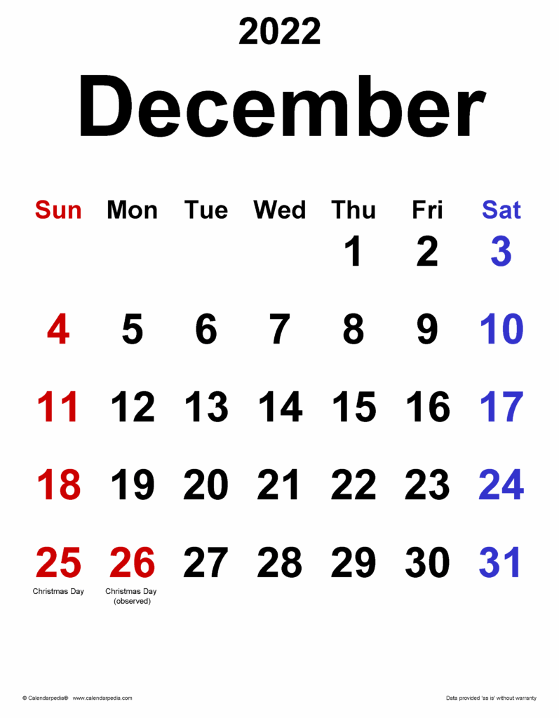 December 22 Printable Calendar