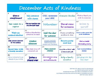 December Random Acts Of Kindness Calendar By JS Creative Counselor