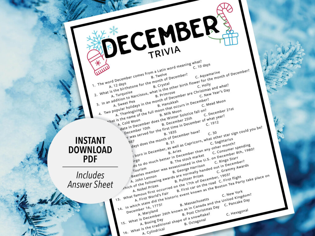 December Trivia December Trivia Game Printable December Trivia 