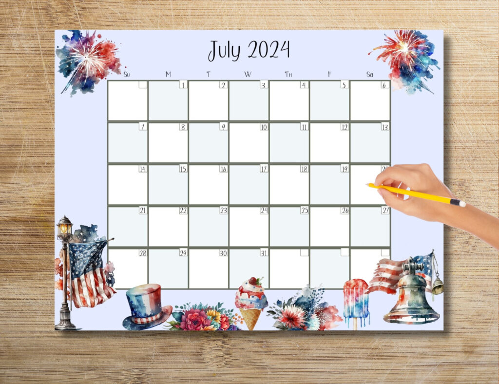 EDITABLE July 2024 Calendar 4th Of July Calendar Red White Etsy