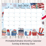 EDITABLE July 2024 Calendar 4th Of July Independence Day Planner