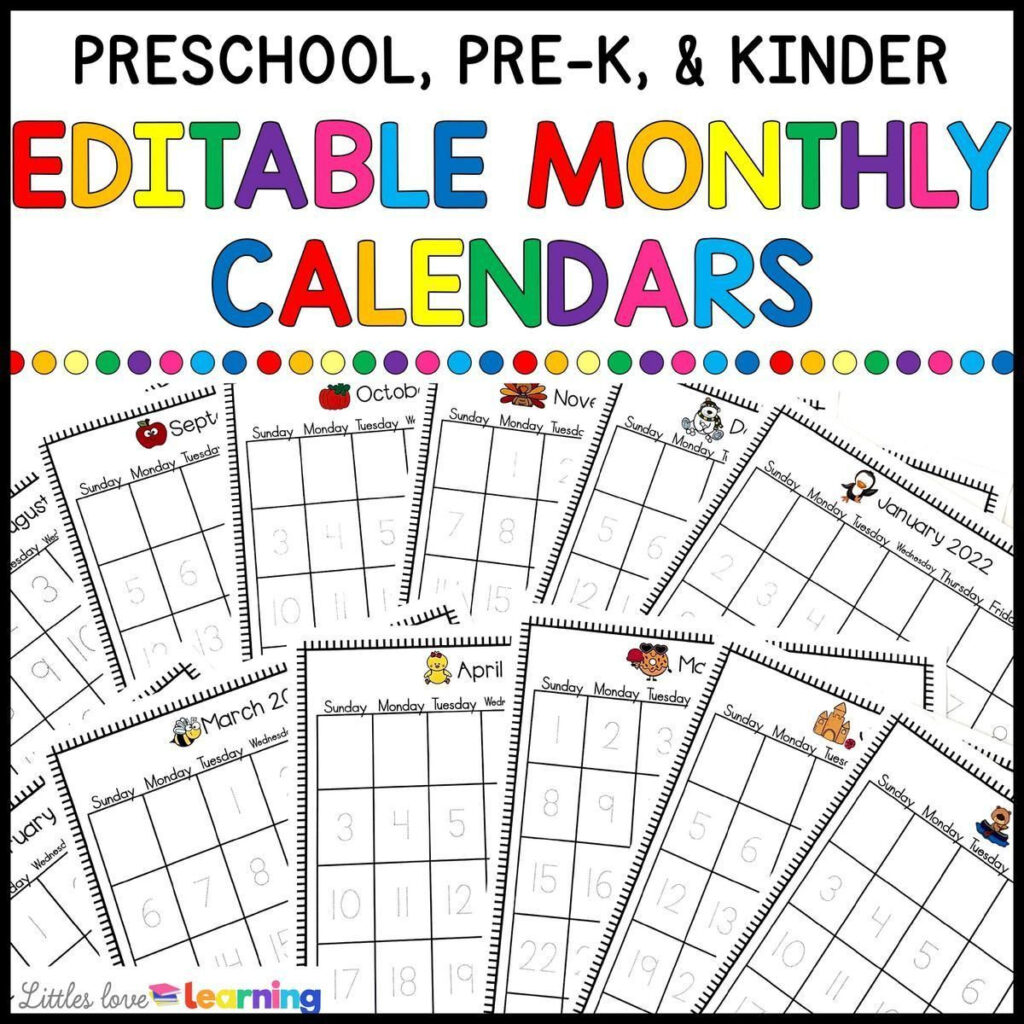Editable Monthly Calendars For Preschool Kindergarten Preschool 