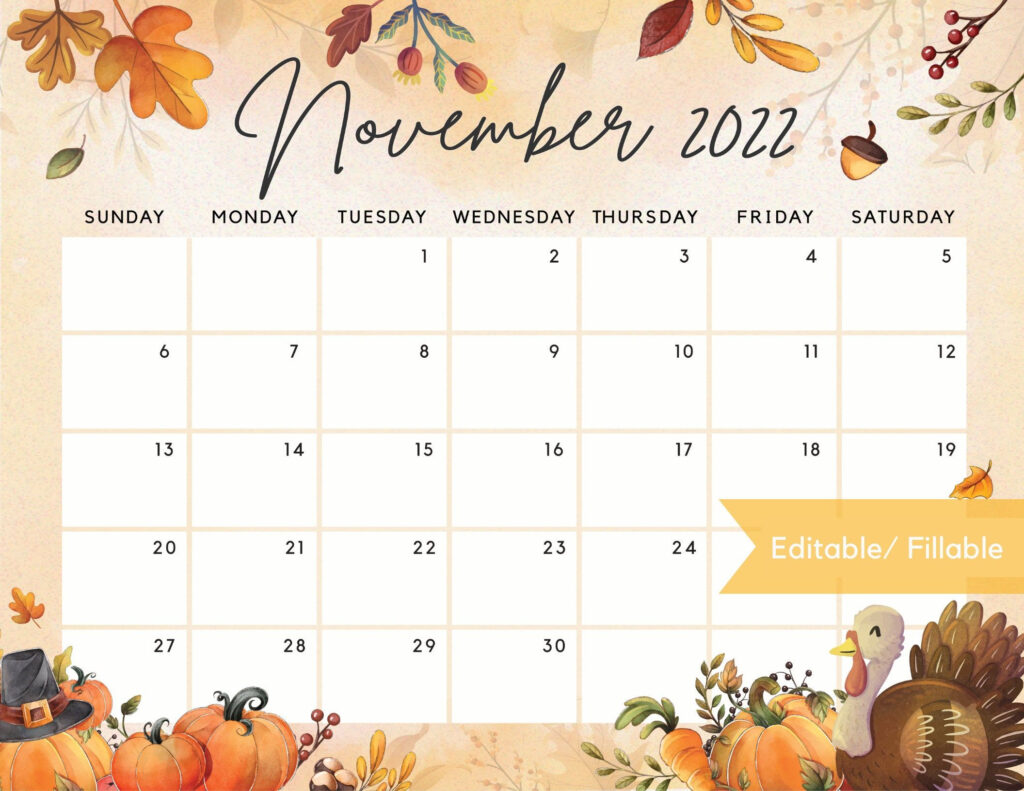Editable November 2022 Calendar Thanksgiving Day Printable Etsy In 