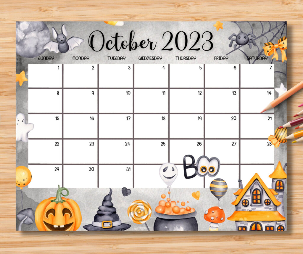 EDITABLE October 2023 Calendar Cute Spooky Halloween 2023 Etsy In 