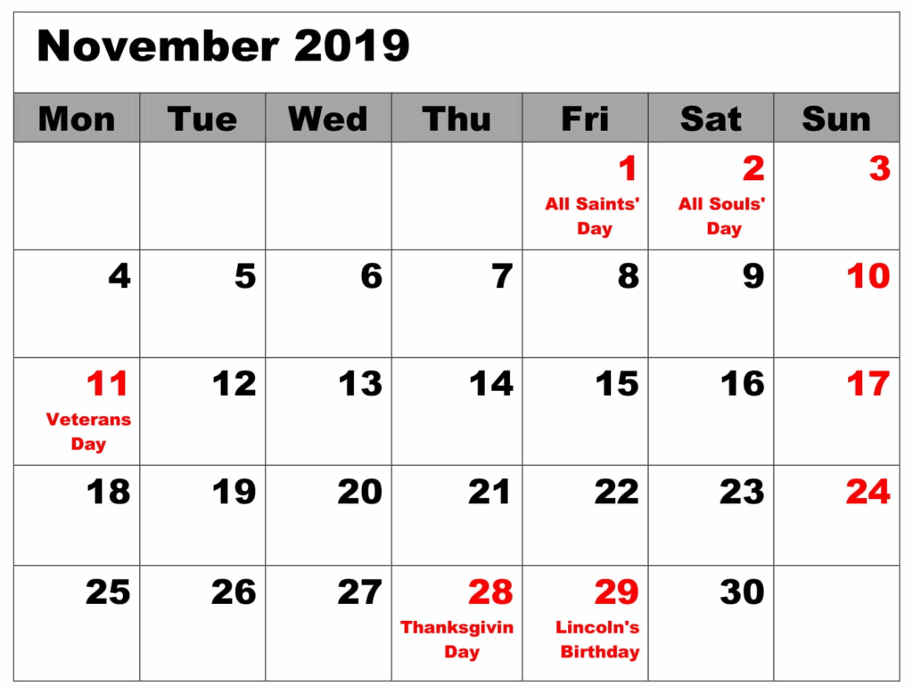 Excel November 2019 Calendar With Holidays Printable Calendar 