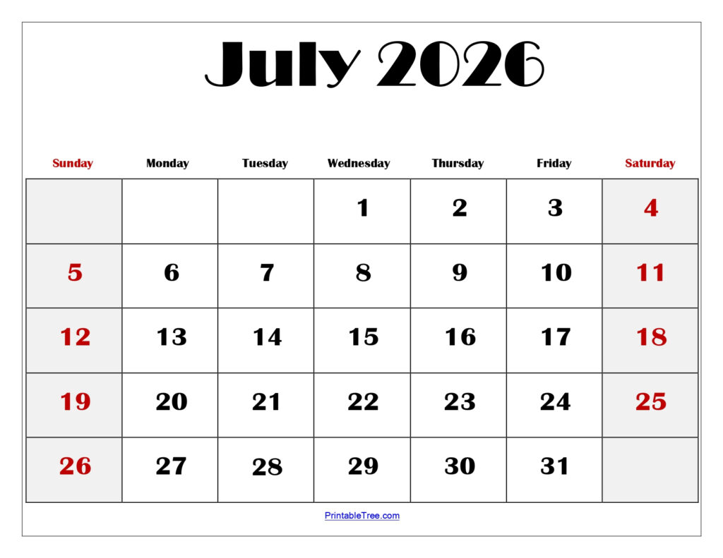 Free July 2026 Calendar Printable PDF With Holidays Template