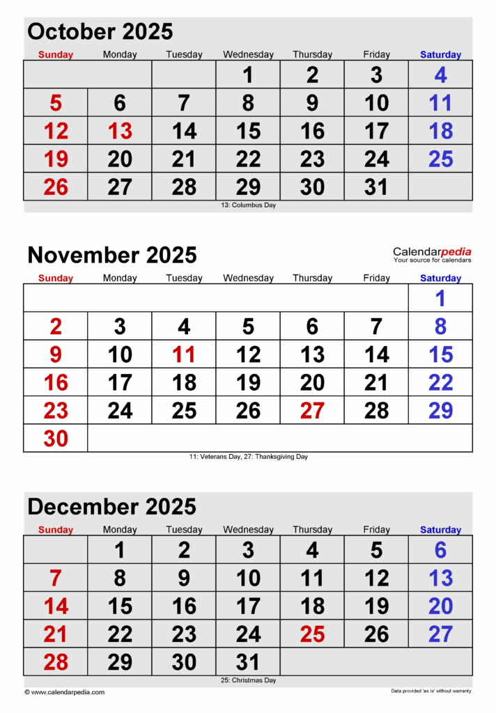 Free Printable Calendar 2025 October November December January Pdf 