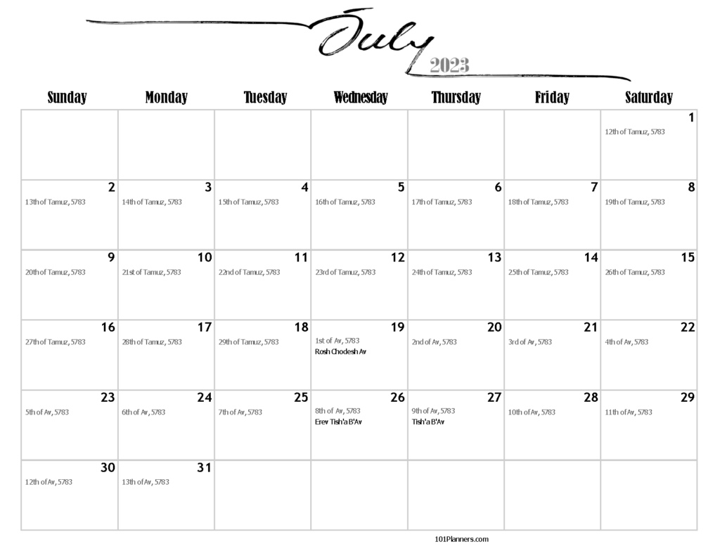 FREE Printable Jewish Calendar 2023 2024 And 2025