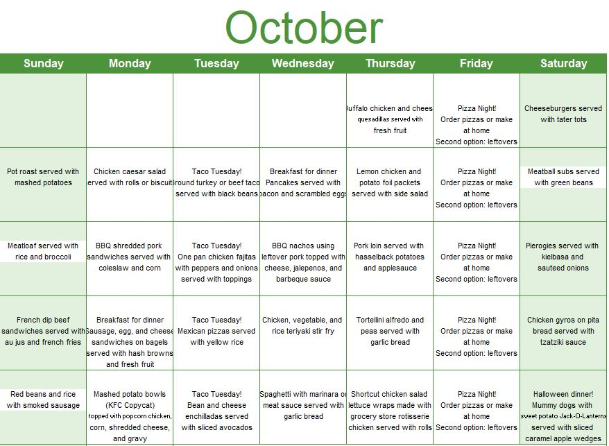 Free Printable October Meal Ideas Calendar