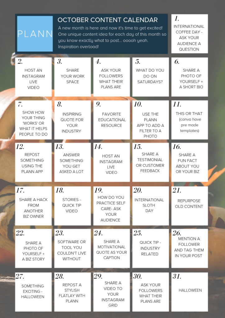 GET INSTANT ACCESS TO YOUR OCTOBER CONTENT CALENDAR Social Media 