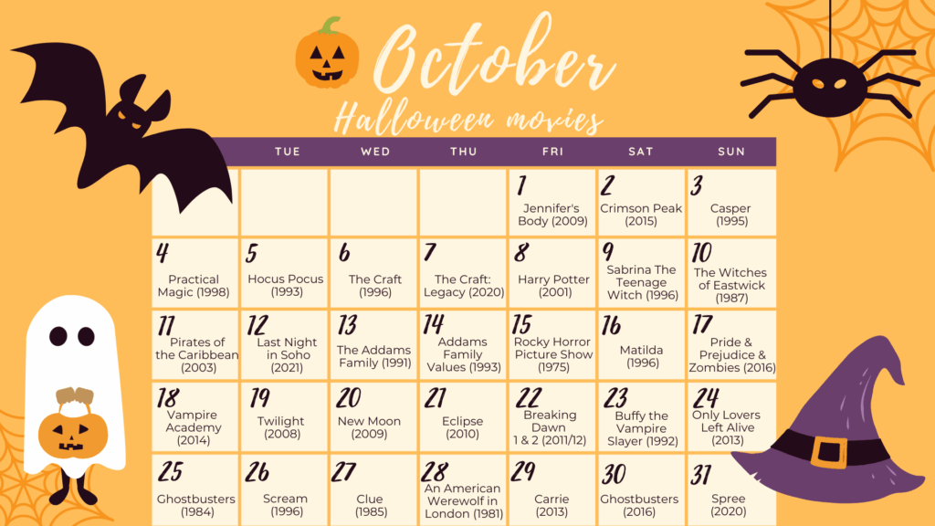 Halloween Movie Calendar For October Willow In Winter