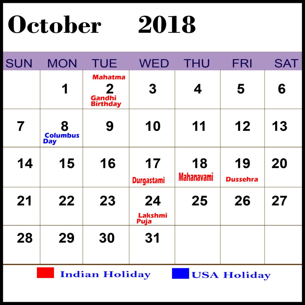 Holiday Calendar October 2018 Download Calendar Usa October Calendar