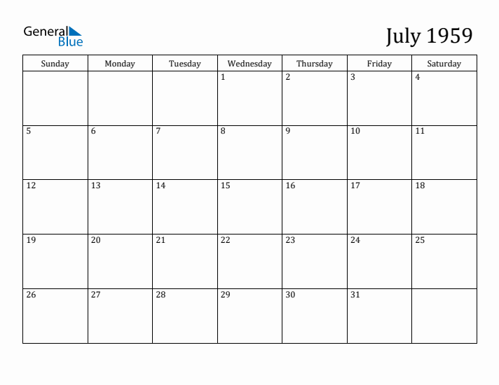 July 1959 Monthly Calendar PDF Word Excel 