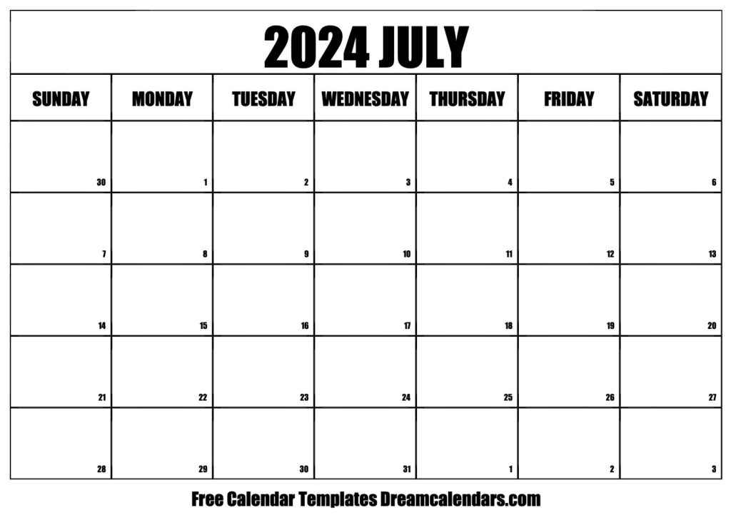July 2024 Calendar Printable July 2024 Calendar Of The Month Free 