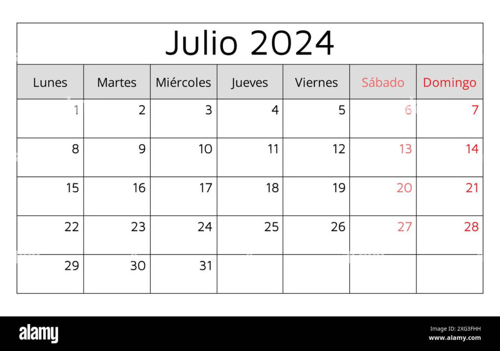 July 2024 SPANISH Calendar Julio Vector Illustration Monthly 