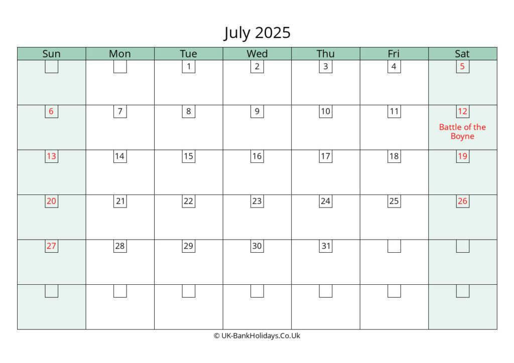 July 2025 Calendar Printable With Bank Holidays UK