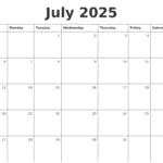 July 2025 Monthly Calendar