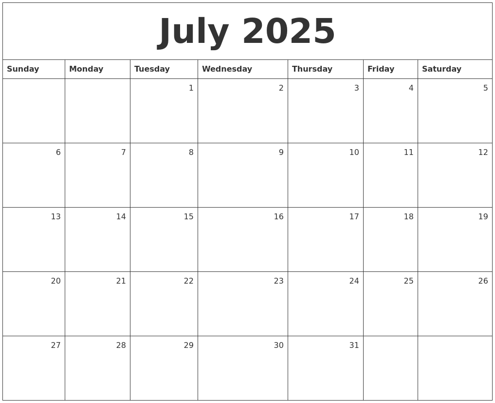 July 2025 Monthly Calendar