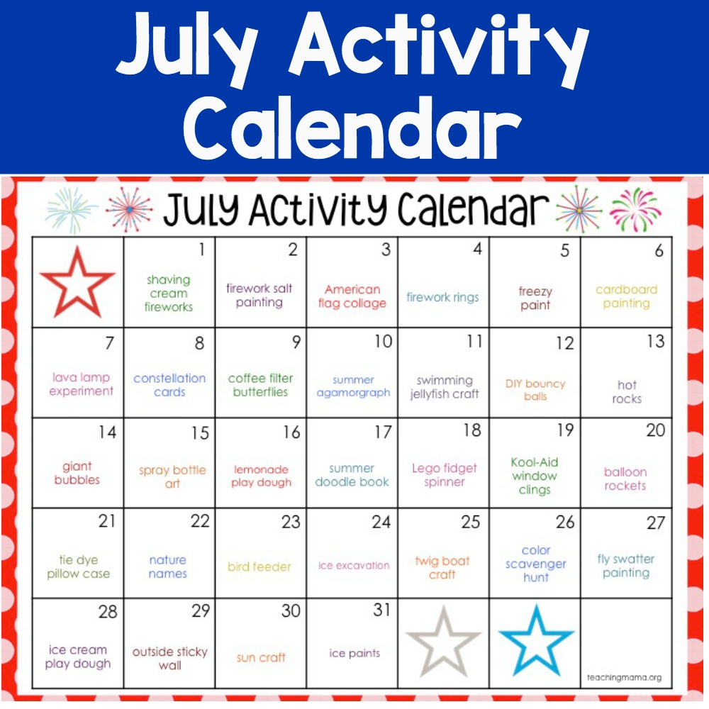 July Activity Calendar For Preschoolers Julia Leticia