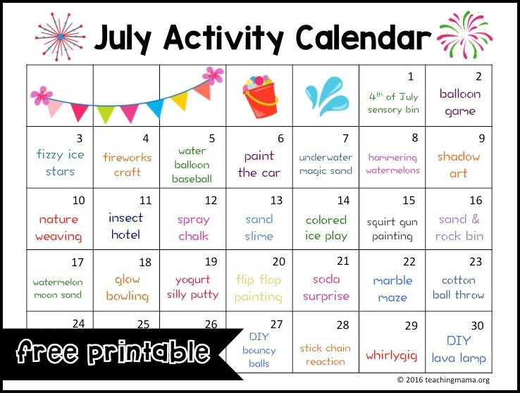July Activity Calendar Summer Calendar Activities Summer Preschool 