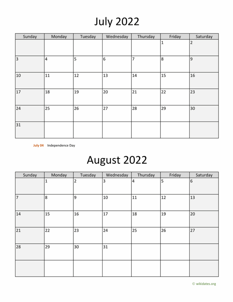 July And August 2022 Calendar WikiDates