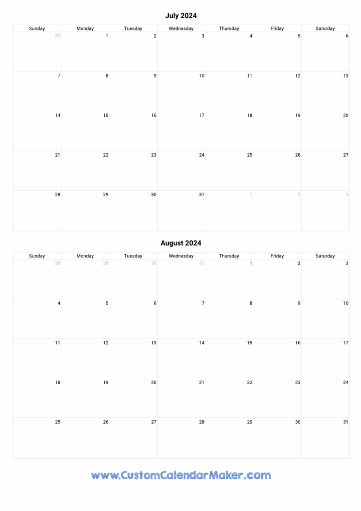 July And August 2025 Calendar Printable Pdf Aziza Wren