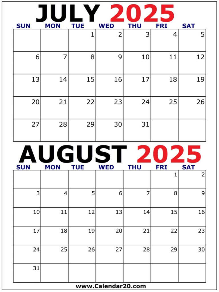 July And August 2025 Calendar Two Months Per Page Calendar20
