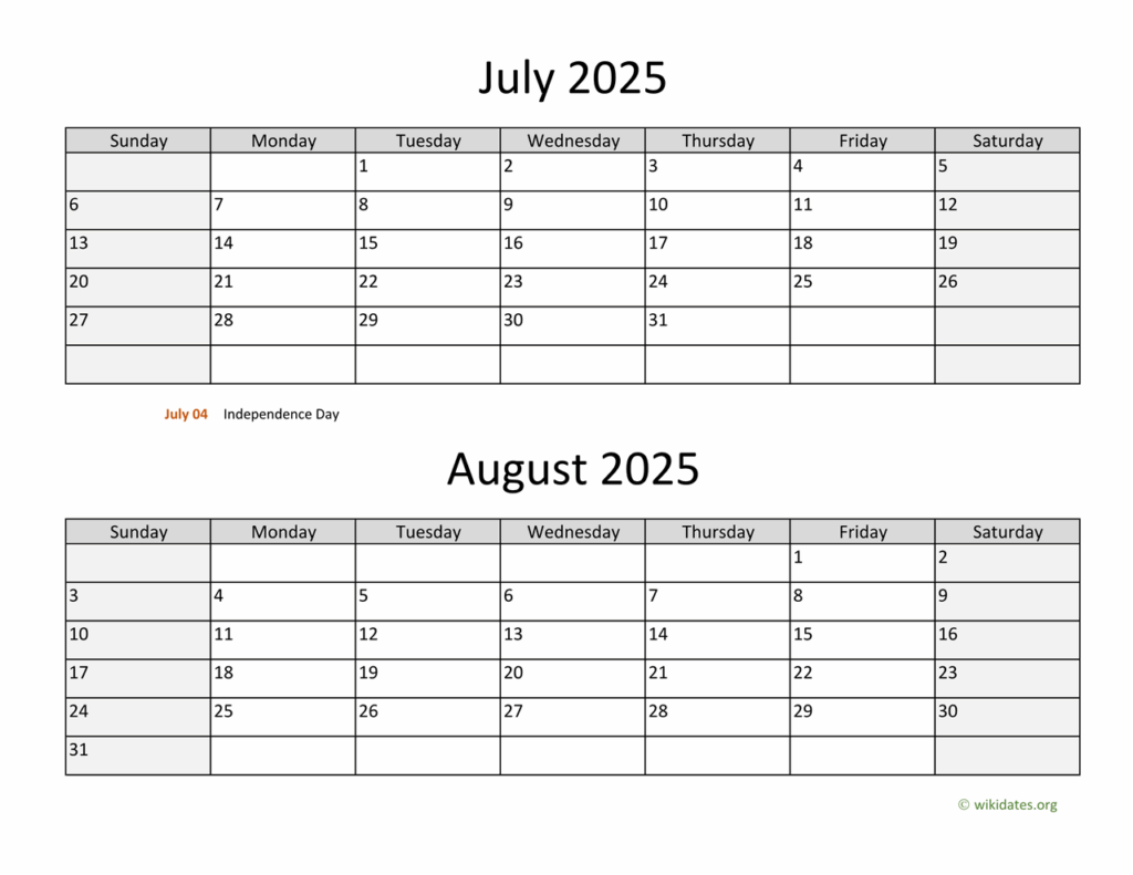 July And August 2025 Calendar WikiDates