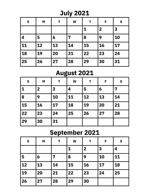 July August And September 2021 Calendar A Printable Calendar
