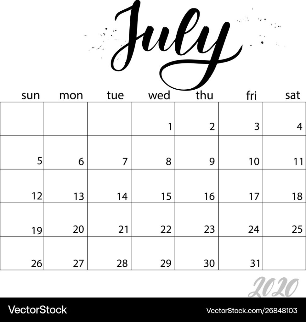July Monthly Calendar For 2020 Year Royalty Free Vector