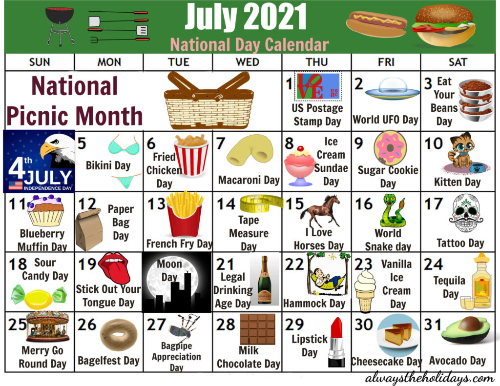 July National Day Calendar Free Printable 2021