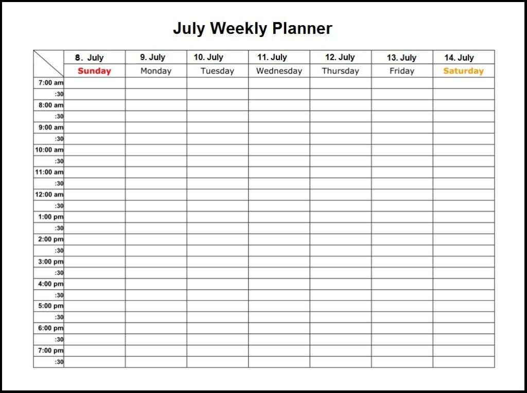 July Weekly Calendar Printable