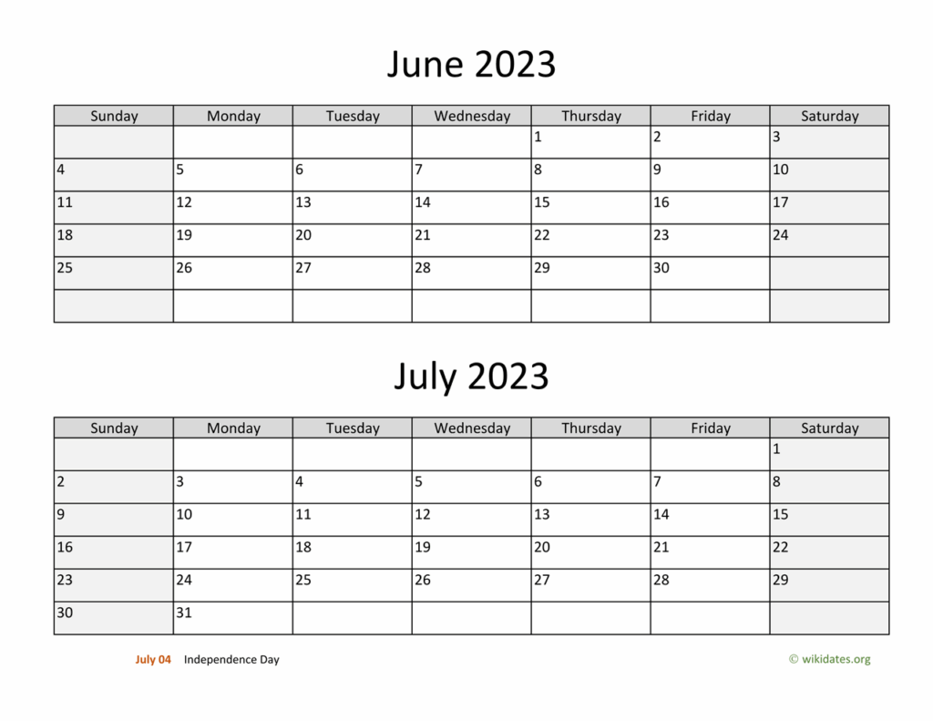 June And July 2023 Calendar WikiDates