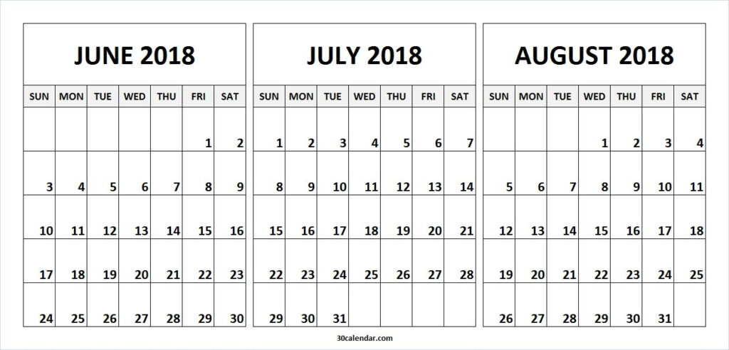 June July August Printable Calendar